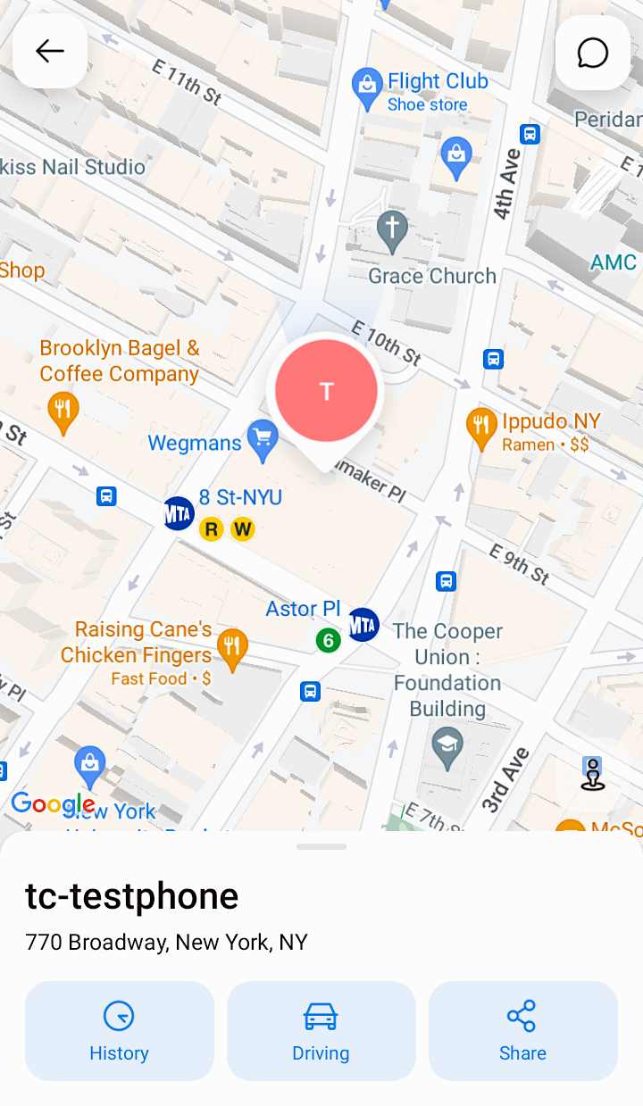 a screenshot showing a map marker at TechCrunch's New York office, thanks to the iSharing API, despite no explicit location sharing.