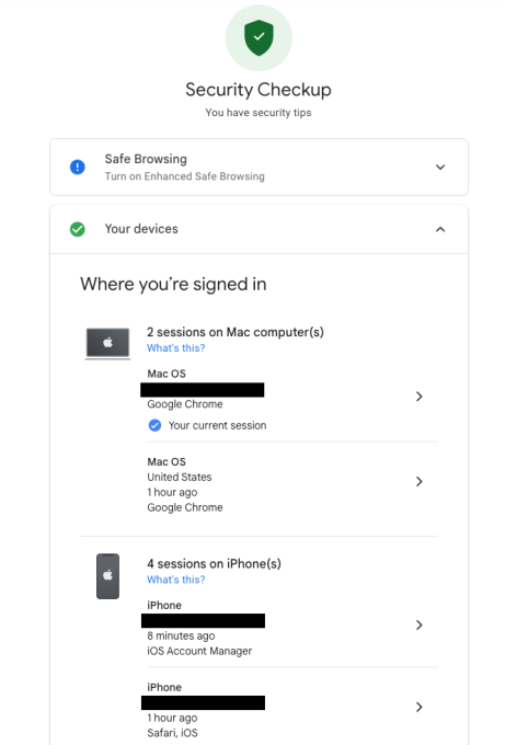 Overview of Google's Security Checkup feature detailing active device logins.