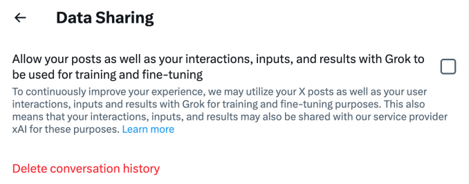 a screenshot illustrating the deactivation of Data Sharing setting on X's desktop interface