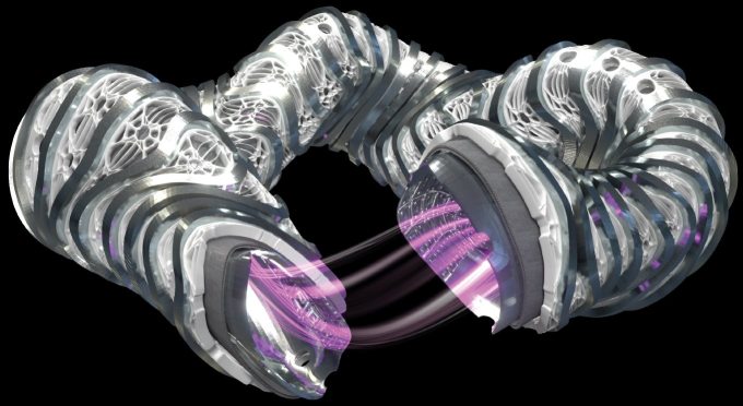 A visualization of plasma within a Type One stellarator.