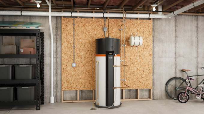 Cala Systems' innovative heat pump water heater installed in a basement.