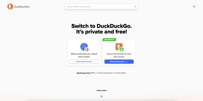 A screenshot of DuckDuckGo's search engine homepage