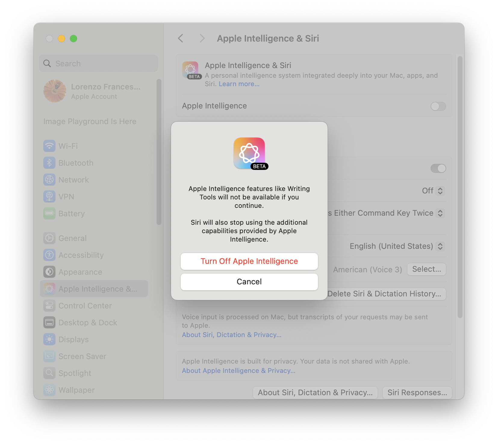 a screenshot showing Apple Intelligence being switched on in the Apple Mac user settings, with a dialog that says, 