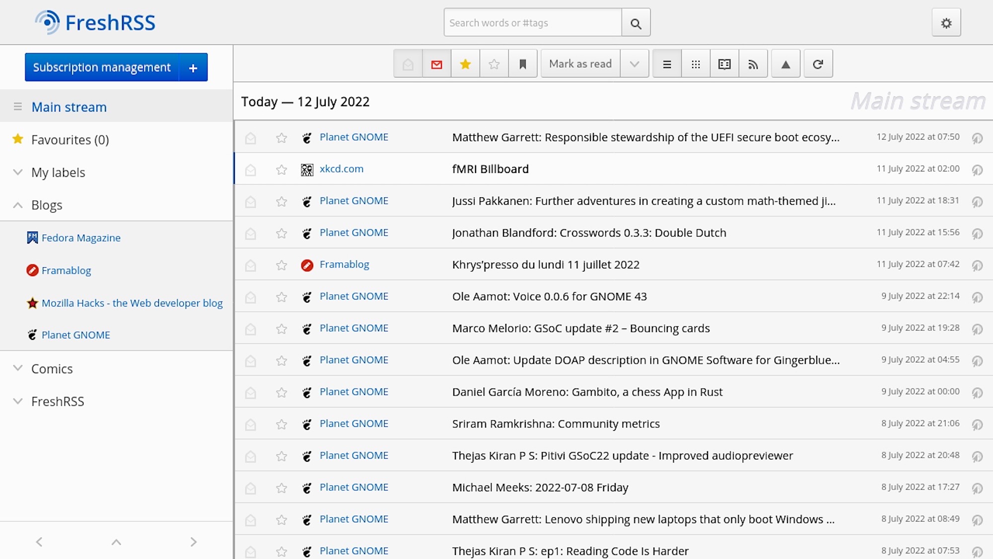 FreshRSS is a self-hosted RSS reader that aggregates your news headlines.