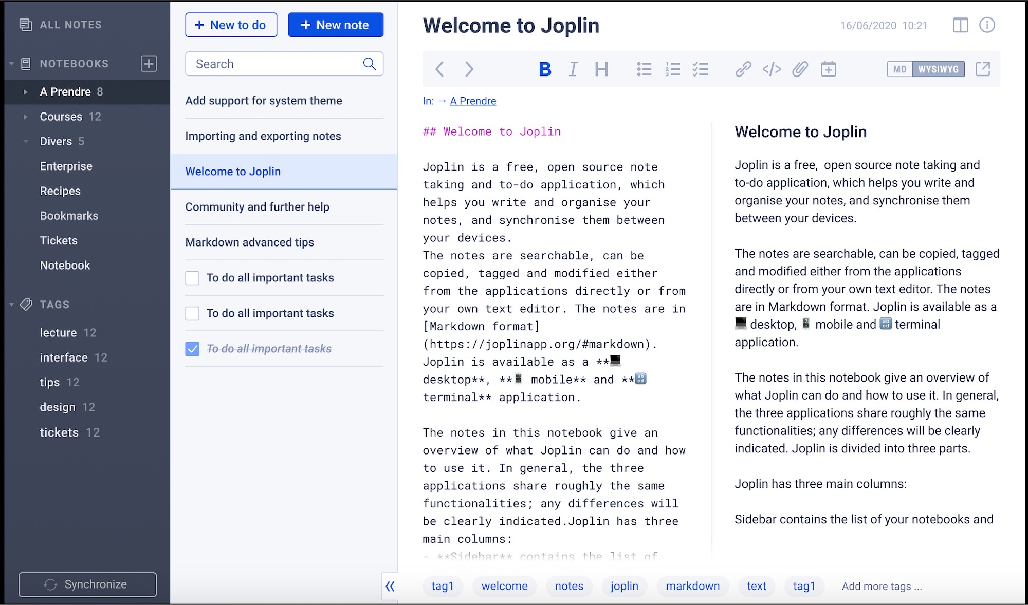 Screenshot of Joplin, a note-taking app that synchronizes notes across devices.