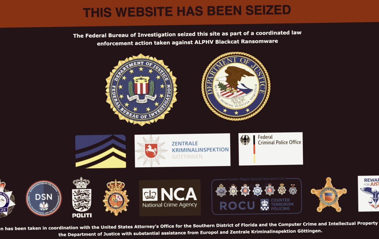 A screenshot showing a fake law enforcement seizure notice posted on BlackCat's dark web leak site.