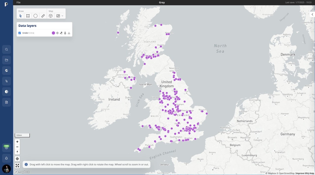 A screenshot depicting location dots across a map of the UK, indicating Tinder users nationwide.