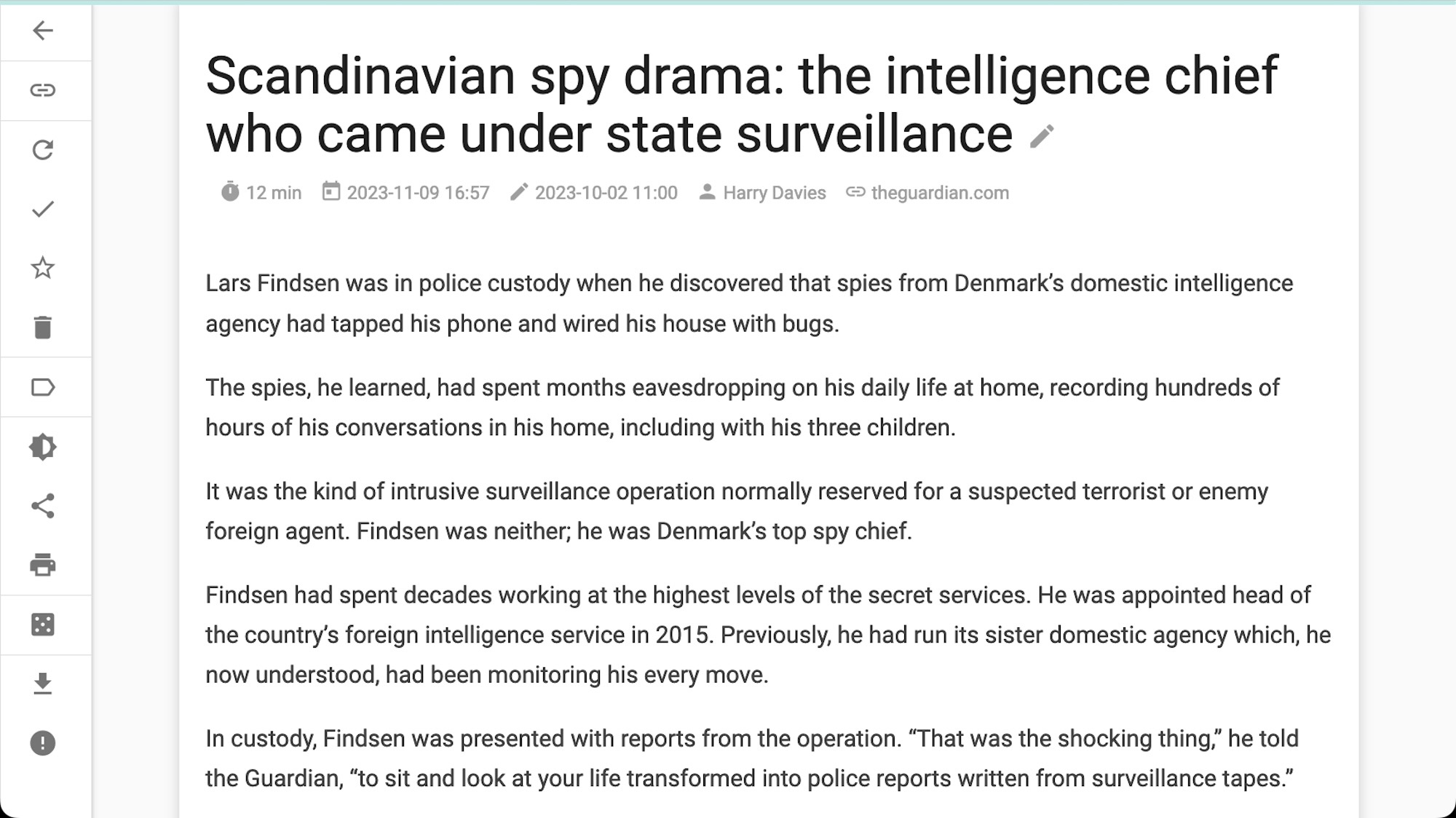 Screenshot of an article from The Guardian saved in Wallabag, a Pocket alternative.