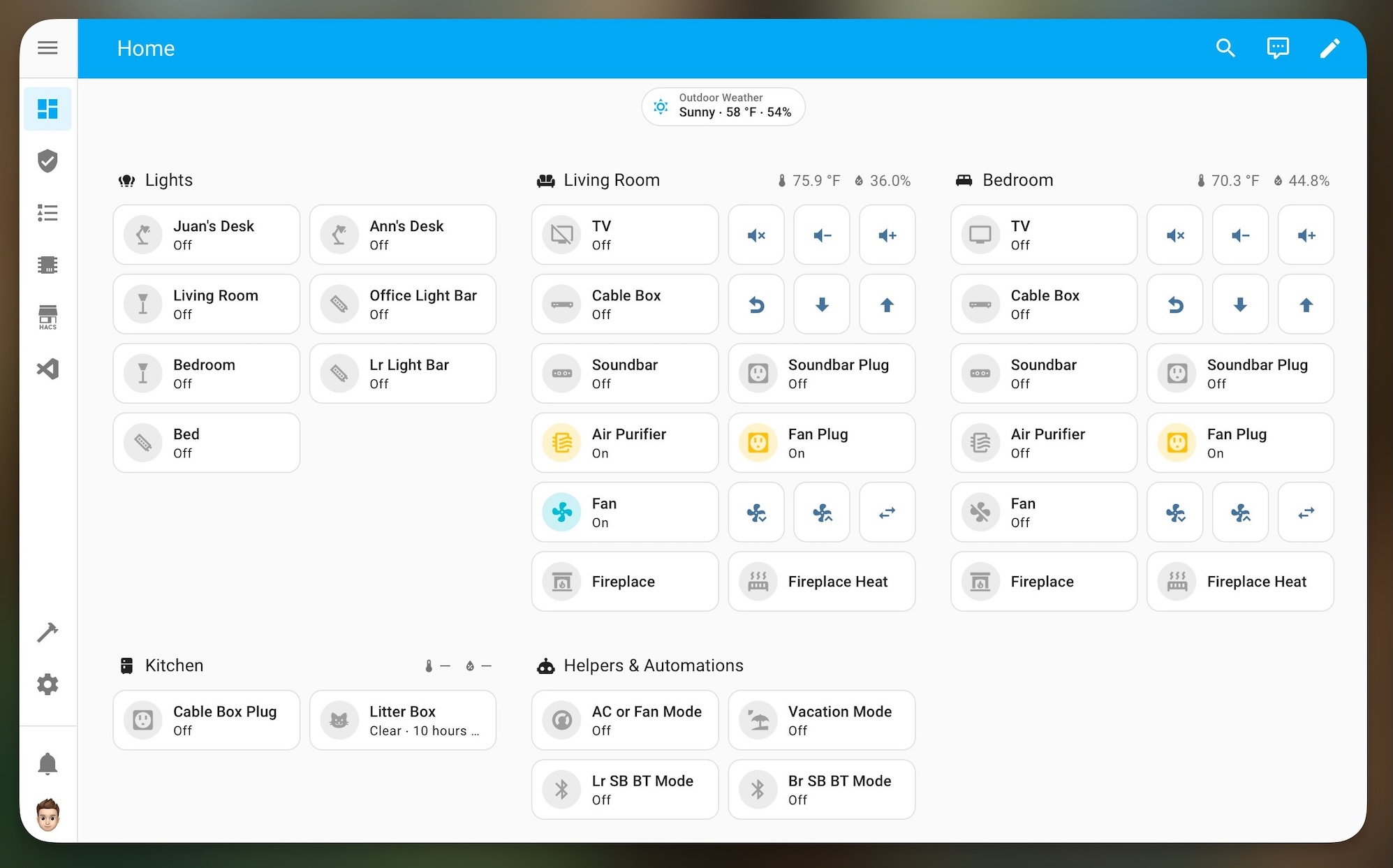 Screenshot of Home Assistant's web interface, displaying all connected smart devices.
