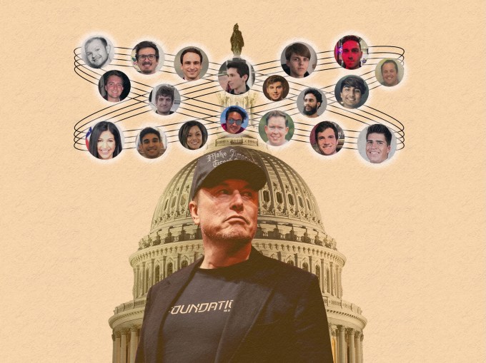 An illustration featuring Elon Musk before a graphic of the U.S. Capitol, surrounded by individuals in his circle, including members of DOGE.