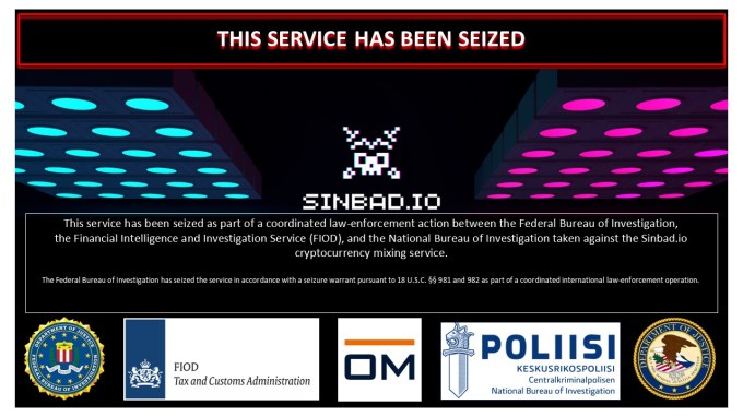 Seizure notice displayed on the Sinbad website, a Bitcoin mixing service alleged to assist North Korean hackers in laundering stolen cryptocurrency.
