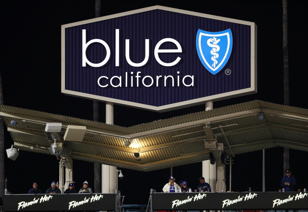 General view of an advertisement billboard for Blue Shield of California during a regular season game between the Arizona Diamondbacks and Los Angeles Dodgers on March 31, 2023, at Dodger Stadium in Los Angeles, CA.