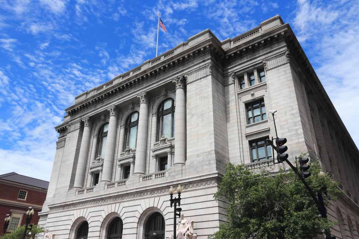 A flag flies over the U.S. District Court for the District of Rhode Island.