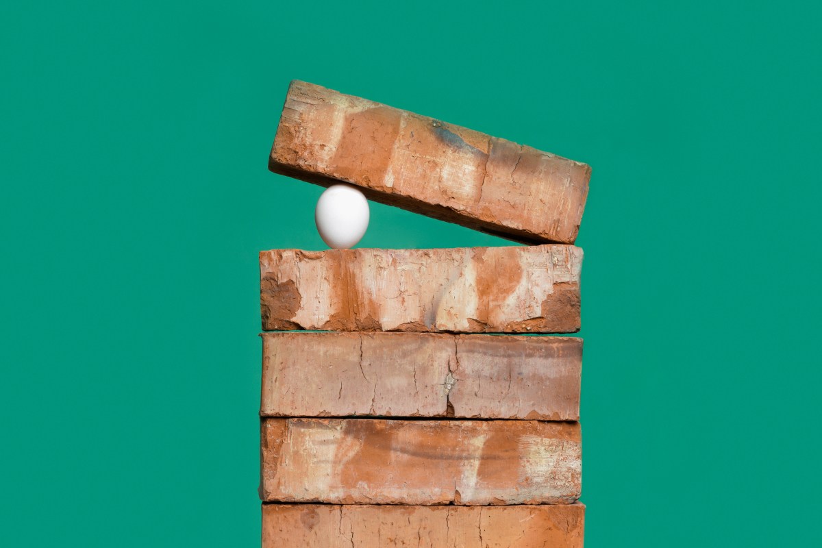 Egg between bricks on green background