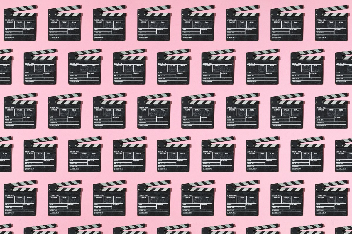 Wooden old movie clapperboard pattern with hard shadow on pink background. Concept of film industry, cinema, entertainment, and Hollywood.