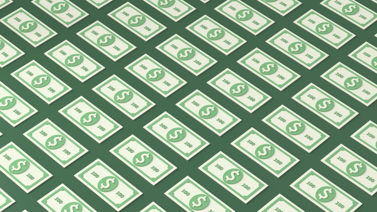 An illustration of patterned 100 dollar bills on a green background