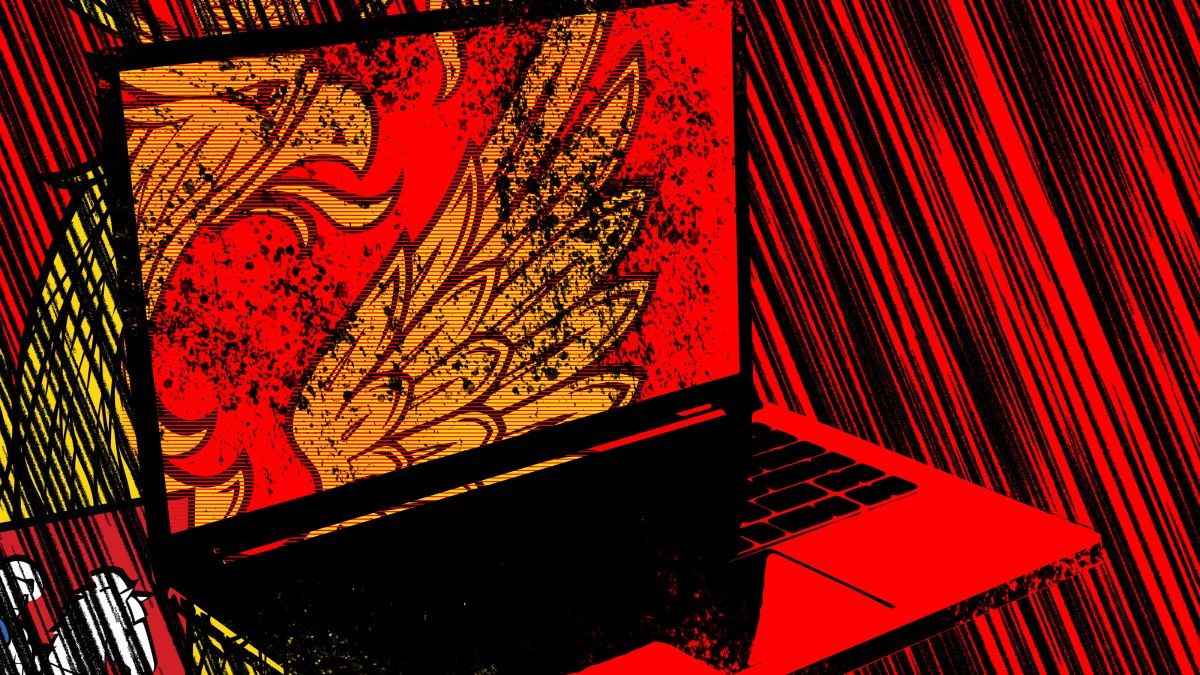 A graphic depiction of open laptop overlaying Red Square in Moscow and the logo of Russia