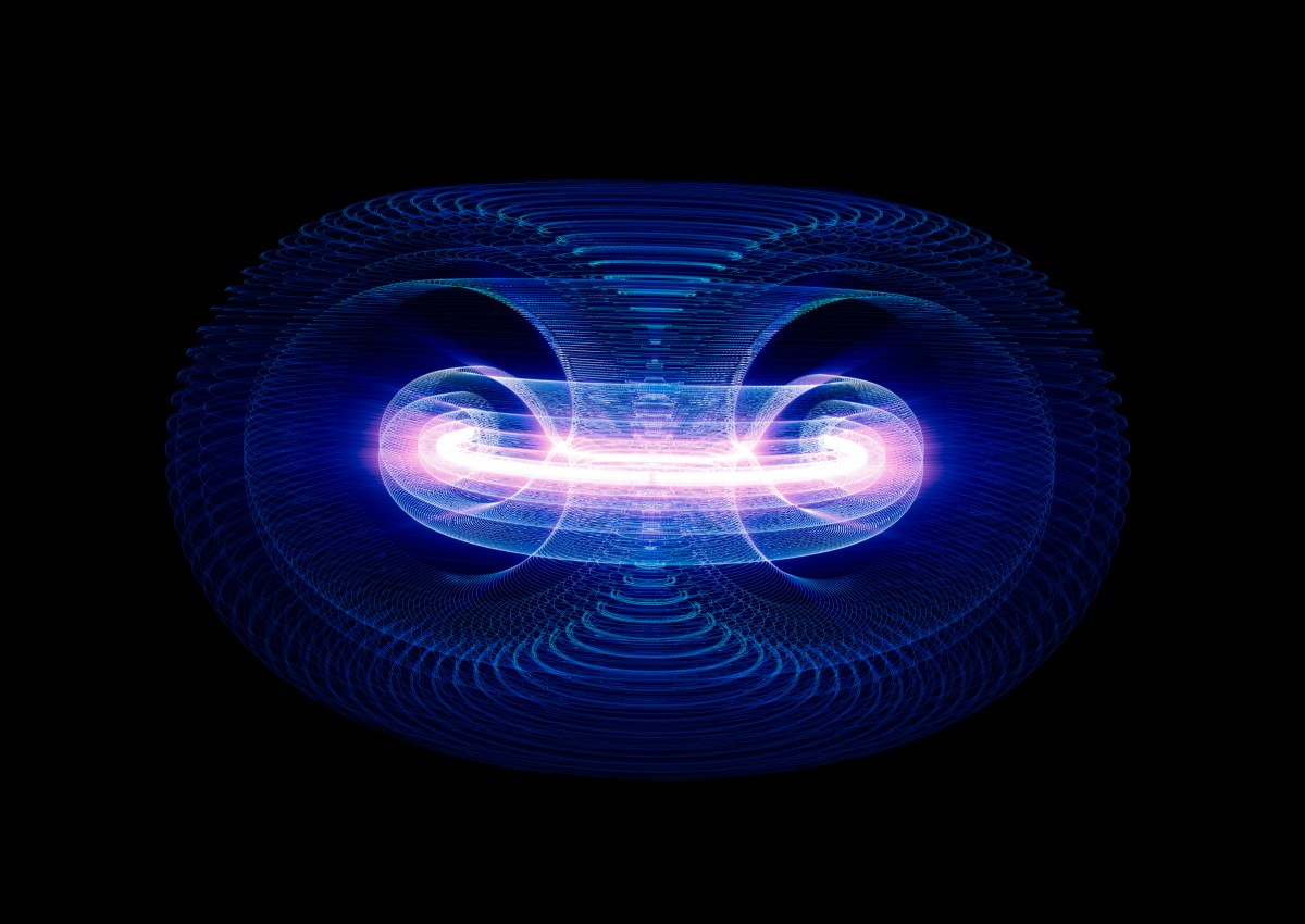Illustration of plasma particles inside a tokamak fusion reactor.