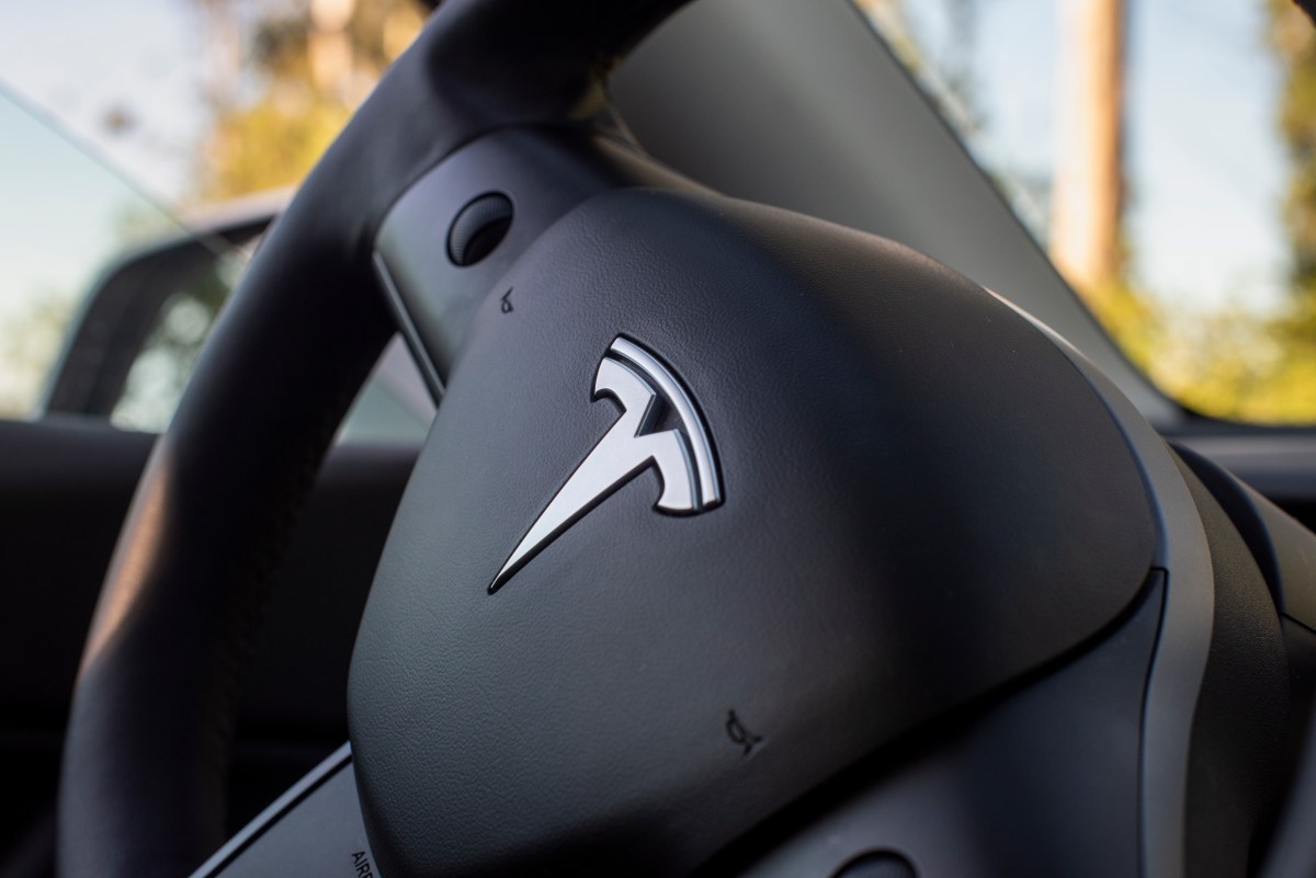 Tesla logo on steering wheel